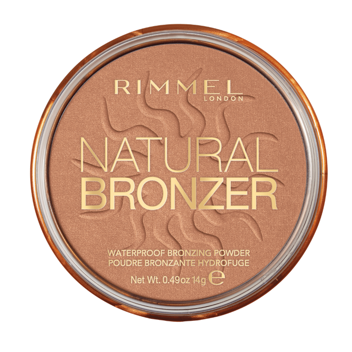 Rimmel London Natural Bronzer waterproof bronzing powder in a round metallic compact, shown against a plain white background.