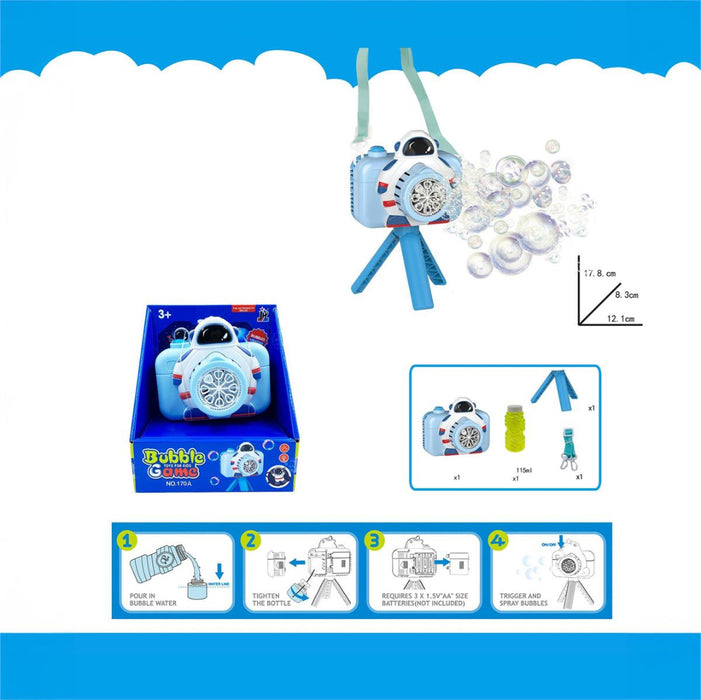 Toy bubble camera with packaging, instructions, and measurements on a blue and white background