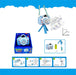 Toy bubble camera with packaging, instructions, and measurements on a blue and white background