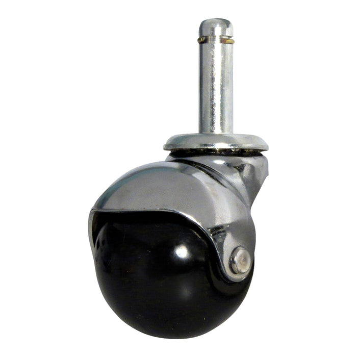Black ball caster wheel with chrome finish on a white background