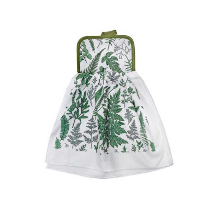 Tie hand towel with green fern leaf print and quilted top, designed to hang from an oven handle or hook.