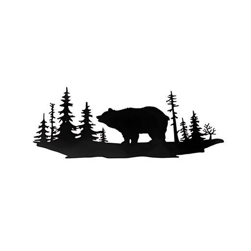 Black metal wall art featuring a bear silhouette surrounded by pine trees in a forest scene, 20.08 × 0.78 × 8.46 inches.