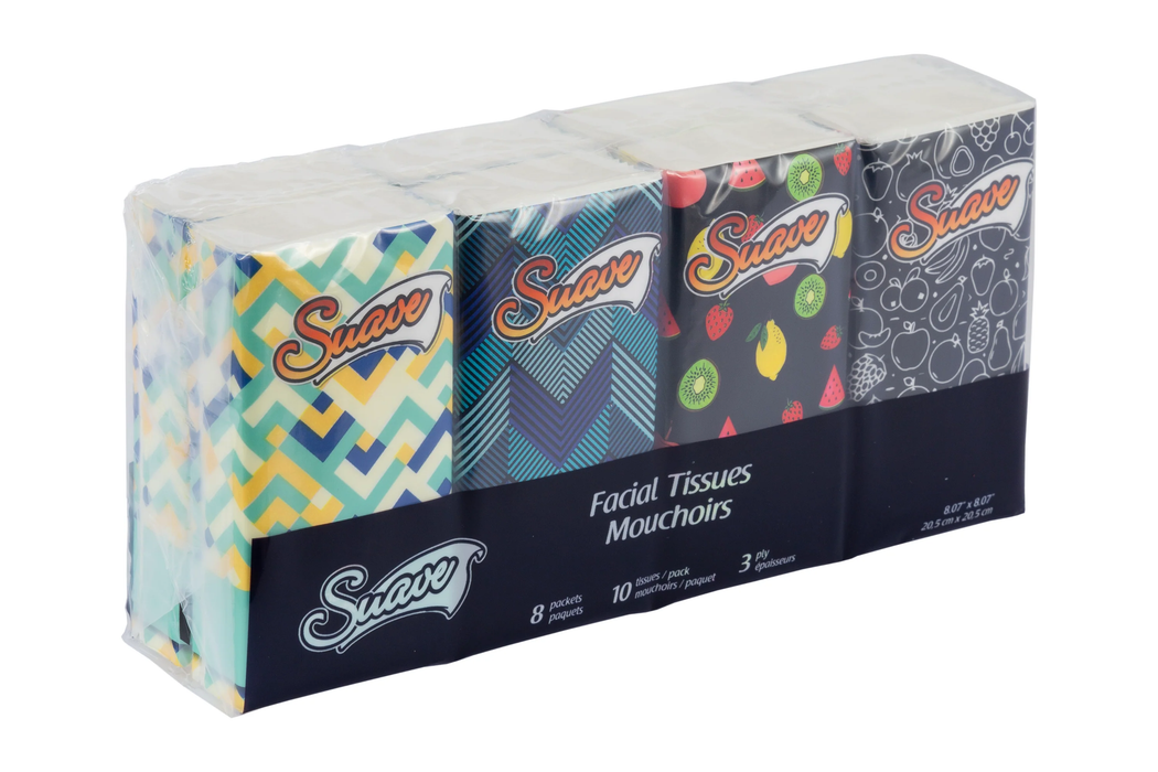 SUAVE 3 PLY POCKET FACIAL TISSUE 8 PACKS