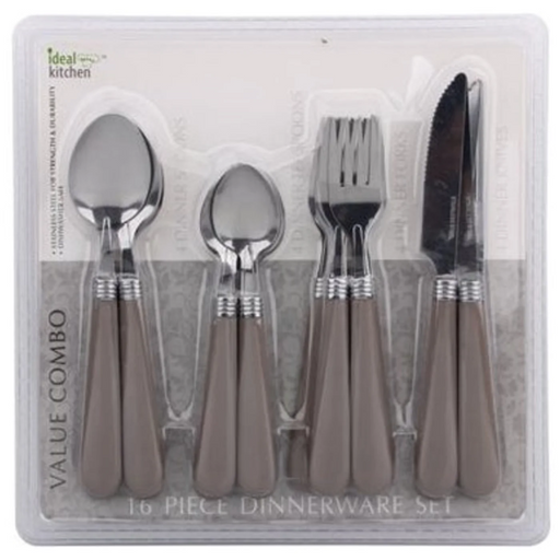 16-piece dinnerware set with brown handles in packaging, featuring 'ideal kitchen' branding.