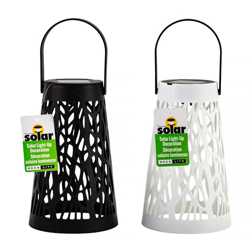 Two solar-powered lanterns, one black and one white, on a white background.