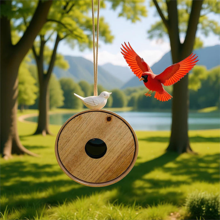 Wooden bird feeder with birds in a park setting