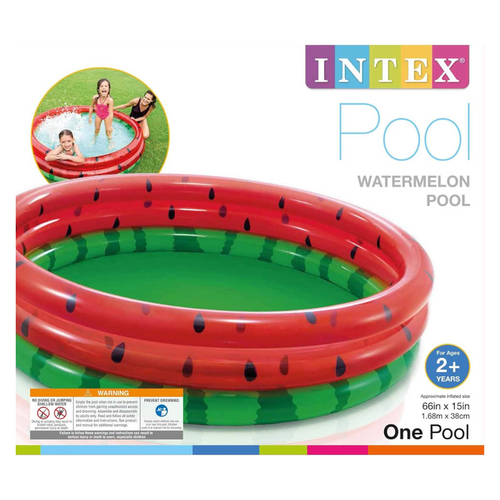 Retail packaging for the Intex Melon Pool showing the inflated pool and inset photo of children playing inside, labeled for ages 2+.