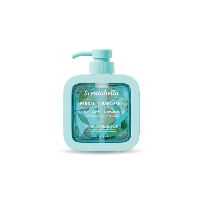 Light blue bottle of Scentabella Sparkling Bergamot hand soap on a white background