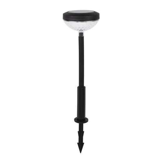 Solar-powered garden light with black base and clear top on a white background