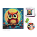 Diamond painting kit with owl design, completed artwork, and packaging on a white background.