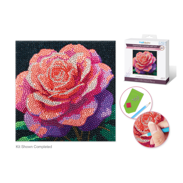 Rose diamond painting kit with completed artwork, packaging, and tools on a white background