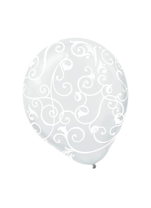 CLEAR WITH WHITE SCROLL ALL OVER PRINT LATEX BALLOONS