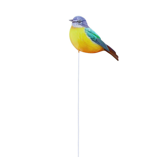 Colorful bird-shaped garden stake on a white background