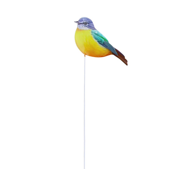 Colorful bird-shaped garden stake on a white background