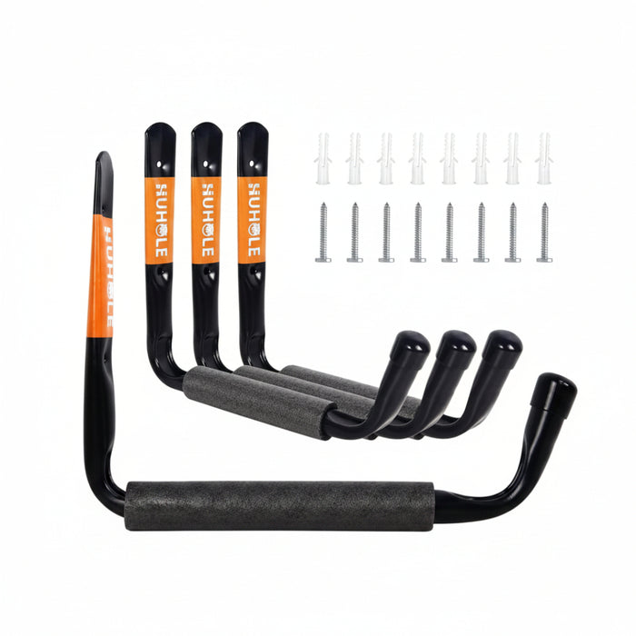 Set of black U-bolt hooks with orange labels and screws on a white background