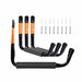 Set of black U-bolt hooks with orange labels and screws on a white background