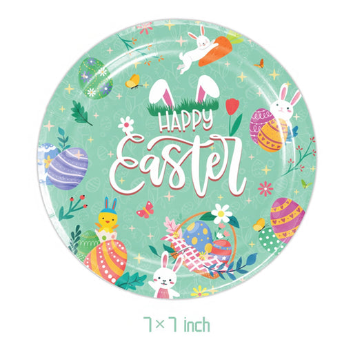 Easter-themed paper plate with bunnies, eggs, and 'Happy Easter' text on a green background.
