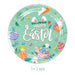 Easter-themed paper plate with bunnies, eggs, and 'Happy Easter' text on a green background.