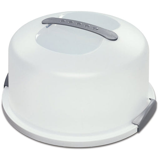 White pet carrier with a gray handle on a white background
