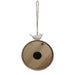 Decorative hanging ornament with a wooden base and white bird figure on a white background