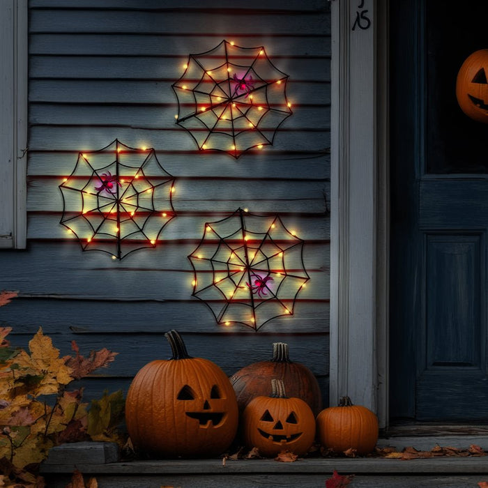 SET OF 3 LED SPIDER WEB LIGHTS WITH SPIDERS BATTERY OPERATED