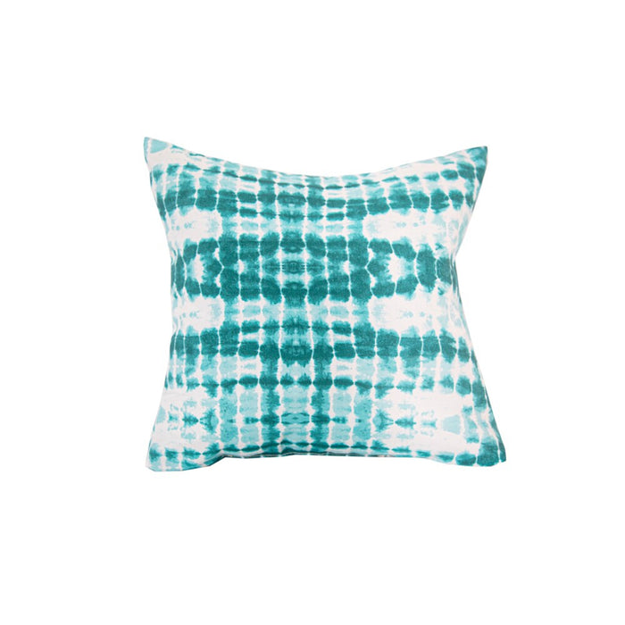 Decorative pillow with blue and green tie-dye pattern on a white background