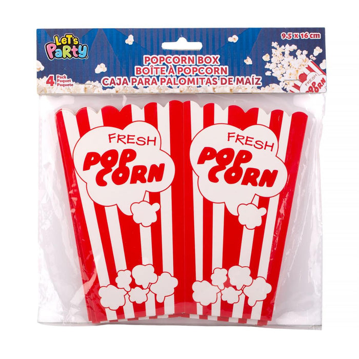 Packaged popcorn boxes with red and white striped design and 'Fresh Pop Corn' text.