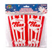 Packaged popcorn boxes with red and white striped design and 'Fresh Pop Corn' text.