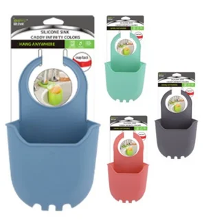 Silicone sink caddy in blue, green, and red with packaging on a white background