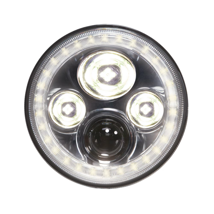 A circular LED headlight with a black outer frame, a clear outer ring of illuminated LEDs, and three larger white LED bulbs arranged around a central black lens, shown on a plain white background.
