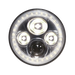 A circular LED headlight with a black outer frame, a clear outer ring of illuminated LEDs, and three larger white LED bulbs arranged around a central black lens, shown on a plain white background.