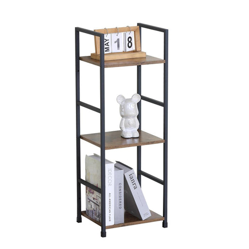 Three-tiered shelf with books and decorative items on a white background
