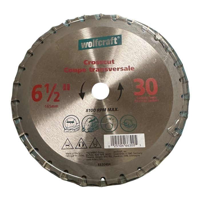 Circular saw blade with Wolfcraft branding on a white background