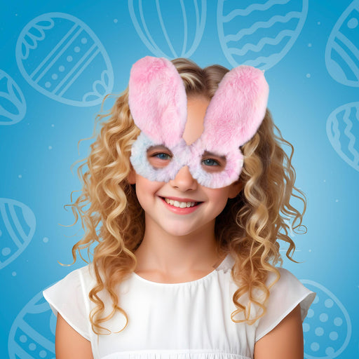 Child wearing bunny ears with a blue background featuring Easter eggs