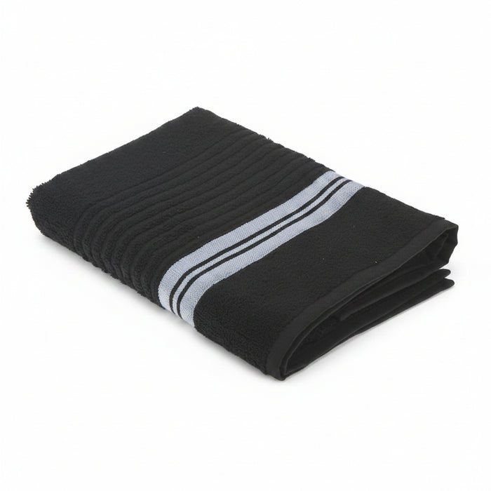 A folded black bath towel with a textured ribbed pattern and two horizontal white stripes near one end, shown on a plain white background.
