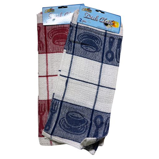 Two dish cloths with kitchen-themed patterns in packaging on a white background