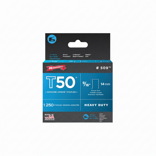 Box of Arrow T50 staples with branding and specifications on a white background