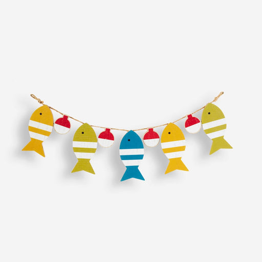 Colorful fish-shaped paper garland on a white background