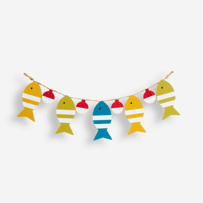Colorful fish-shaped paper garland on a white background