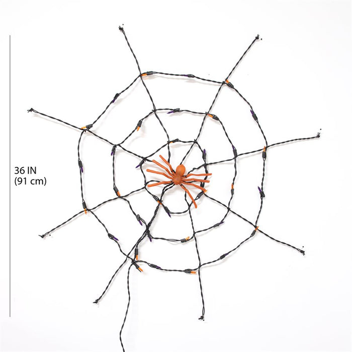 SPIDER WEB WITH 35 INCANDESCENT ORANGE/PURPLE LIGHTS AND 36IN JUMBO SPIDER