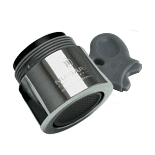 Gray and black shower head with a handle on a white background