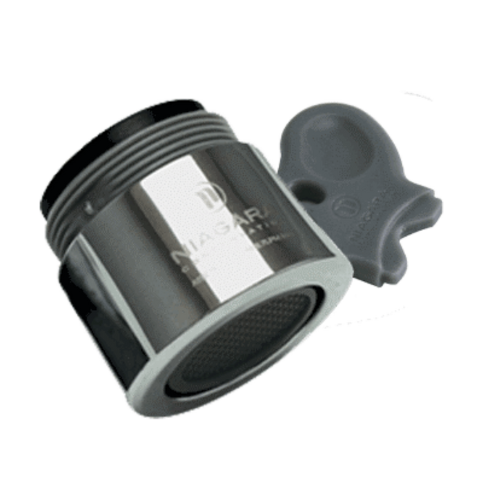 Gray and black shower head with a handle on a white background