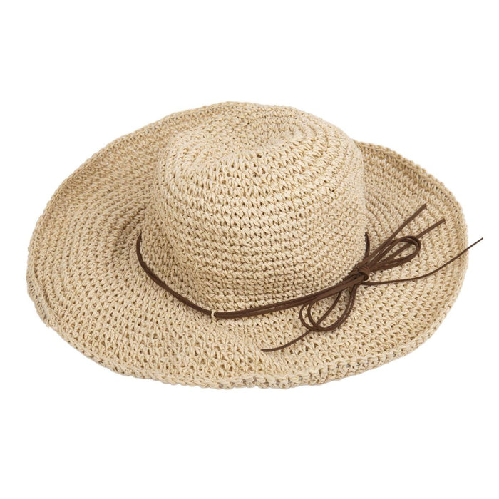 Beige straw hat with a brown ribbon on a white background