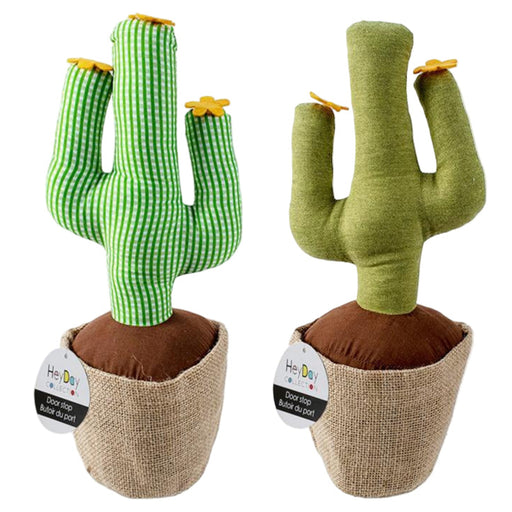 Two cactus-shaped plush toys with dimensions indicated on a white background