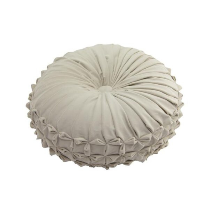 Round pleated cushion with decorative trim on a white background