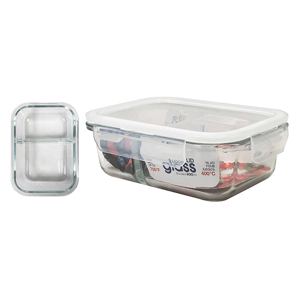 OVEN SAFE GLASS CONTAINER WITH SEAL & 2 DIVIDERS - 600ML