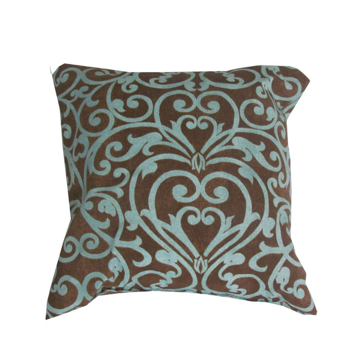 Decorative pillow with brown and light blue pattern on a white background