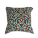 Decorative pillow with brown and light blue pattern on a white background