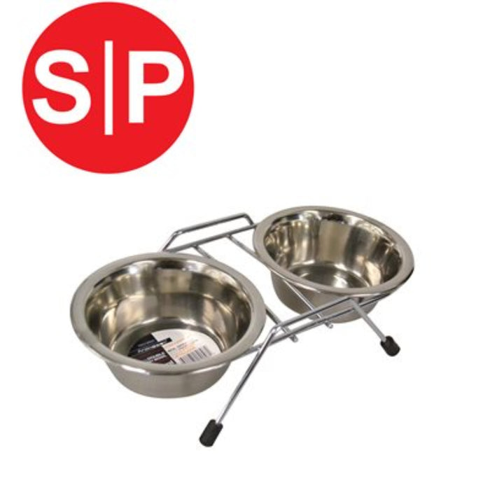 A silver metal pet double dinner stand with two bowls, mounted on a central support with stabilizing feet.