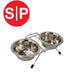 A silver metal pet double dinner stand with two bowls, mounted on a central support with stabilizing feet.